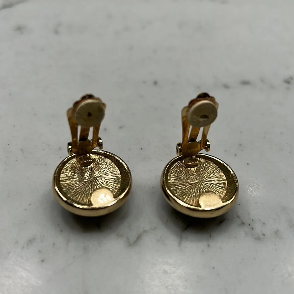 Vintage CHRISTIAN DIOR Black & Crystal Gold Clip On Earrings - Picture 4 of 4